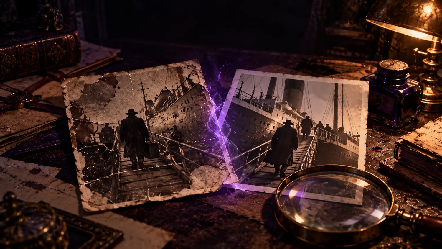Two old ship photographs appear to show the same passenger boarding twice