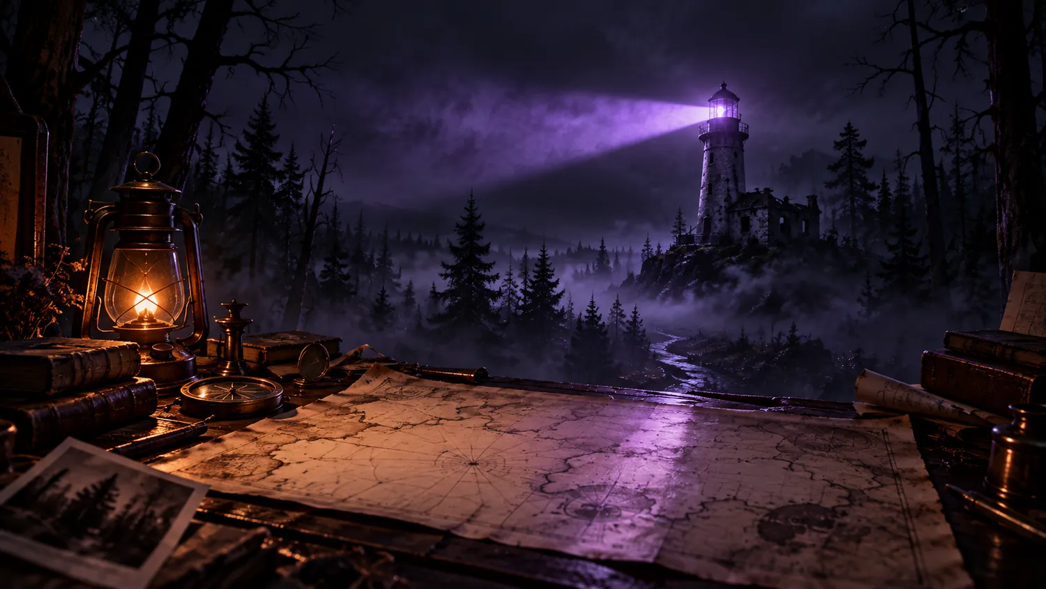 An abandoned lighthouse shining over a forest far from the coast