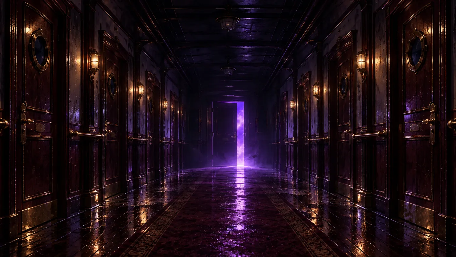 An empty ship corridor ending at a door lit violet from within